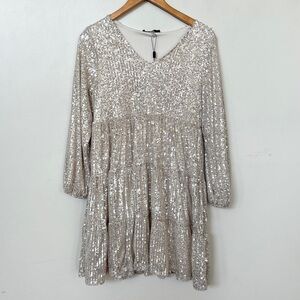 New CABLE & GAUGE Sequin 3/4 Balloon Sleeve V-Neck Shift Mini Dress Women SIZE S